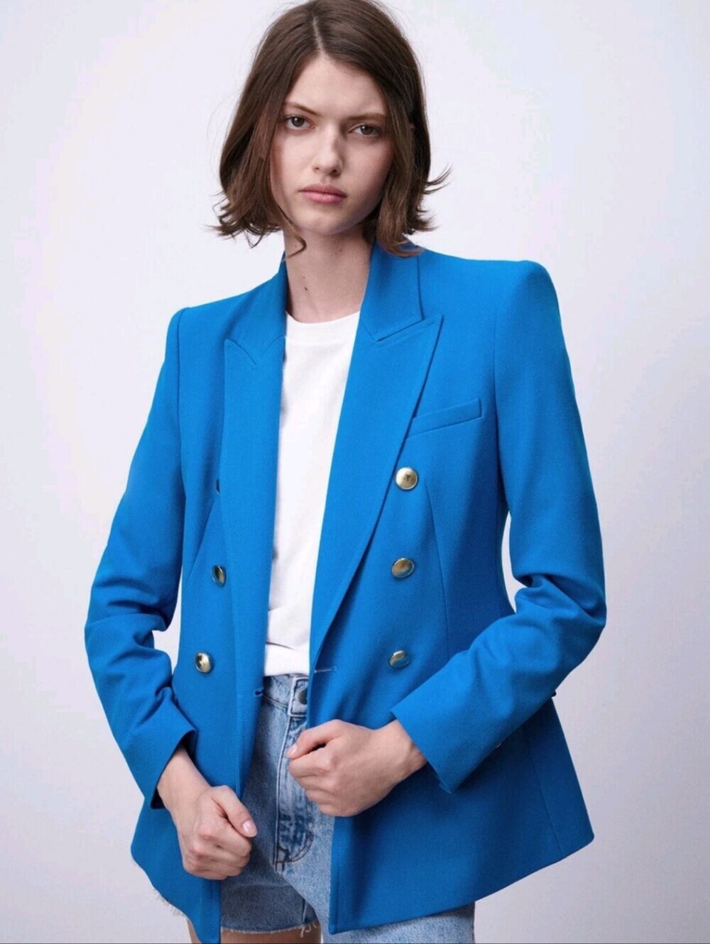 RARE ZARA BLUE DOUBLE BREASTED JACKET BLAZER GOLD BUTTONS